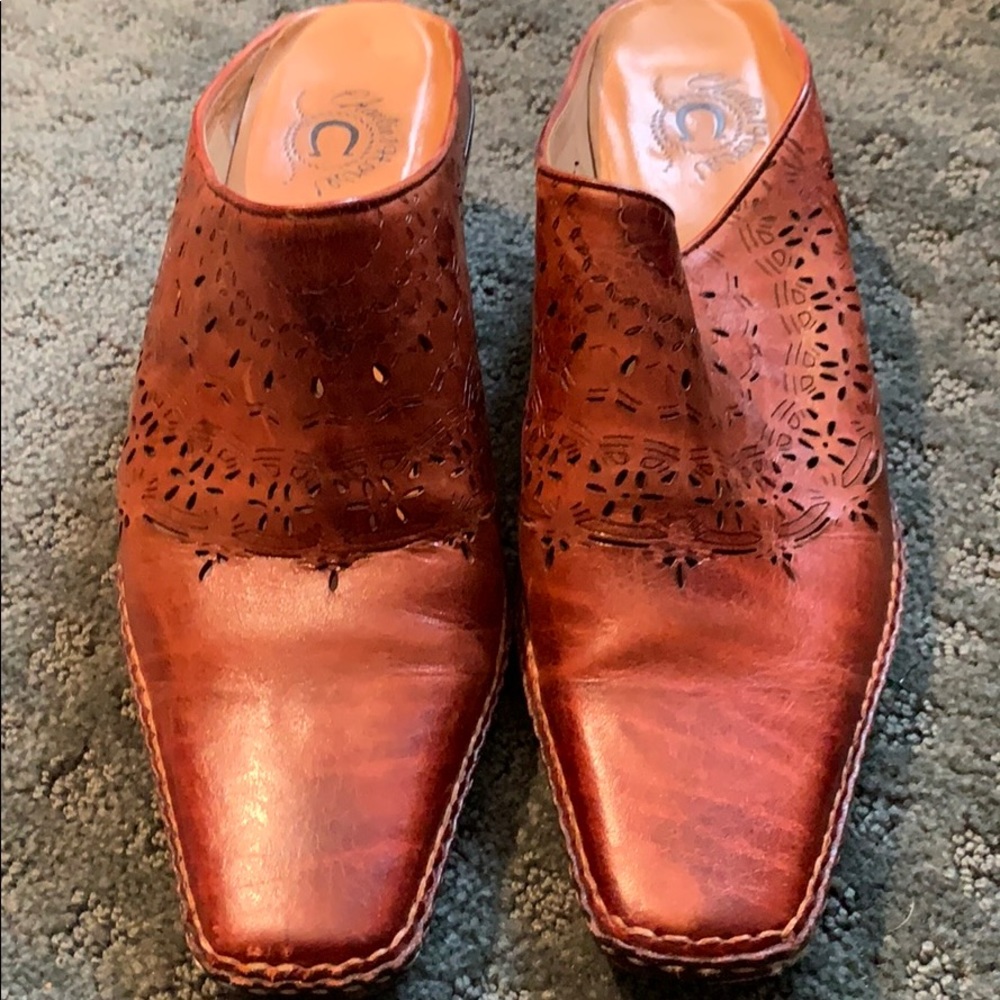 Women's Perforated Leather Slip-On Mules in Cognac Brown